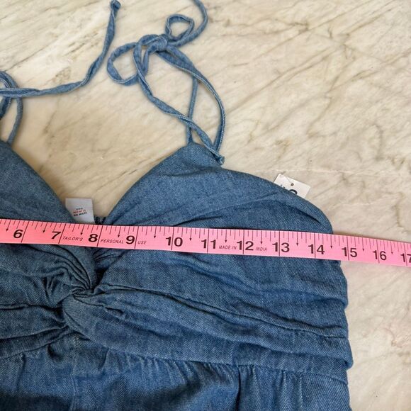Old Navy Tie Shoulder Denim Twist Front Jumpsuit smocked back Blue size S NWT - Picture 8 of 9